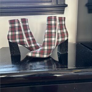 Betsy Johnson Kassie Plaid Boots with Black Rhinestone Detail on Heel